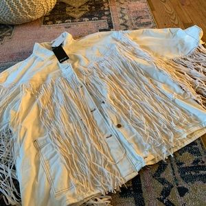 Nasty Gal White Fringe Jean Jacket with Pockets